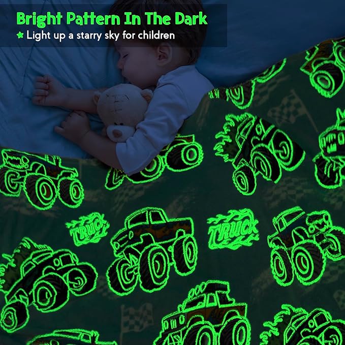 Jekeno Truck Glow in The Dark Blanket Gifts for Kids Girls Boys Teens Birthday Christmas Halloween Easter Excavator Construction Tractor Car Throw Age 1-16 Years Old Child Bedroom Decor Blue 50"x60"