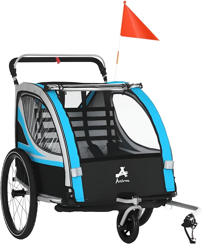 Aosom 3-in-1 Walk/Jog/Ride Child Baby Bike Trailer for Kids 2 Seater, High-Visibility Bike Stroller for Toddler Wagon, Weather-Strong Double Bicycle Trailer Accessory for Kids