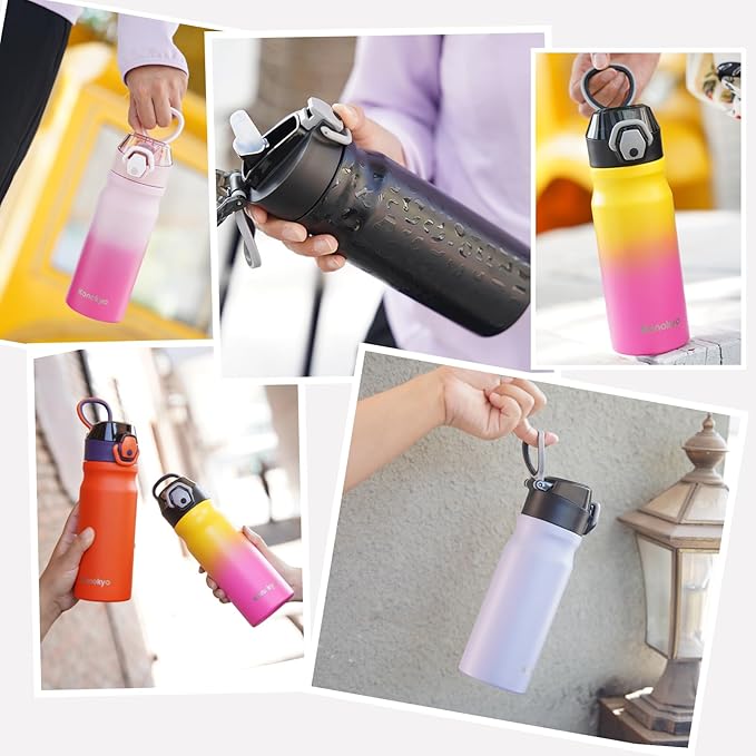 Insulated Water Bottle with Straw and Carry Loop,18 oz Stainless Steel Double Wall Vaccum Metal Water Flask with Leak-proof Lid,Indiego Black