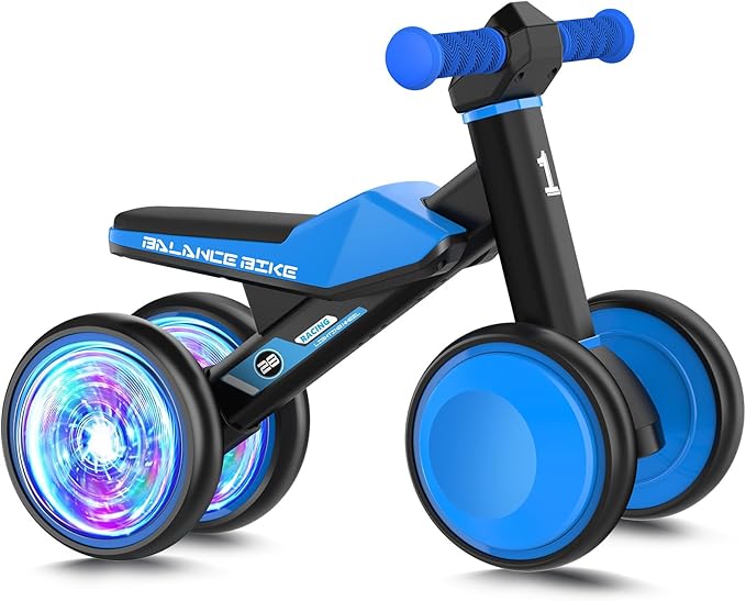 Baby Balance Bike for 1 Year Old Boys and Girls – Toddler First Bike with Colorful Lighting, 4 Wheels Safe Indoor Ride On Toy for 12-24 Months, First Birthday Gift