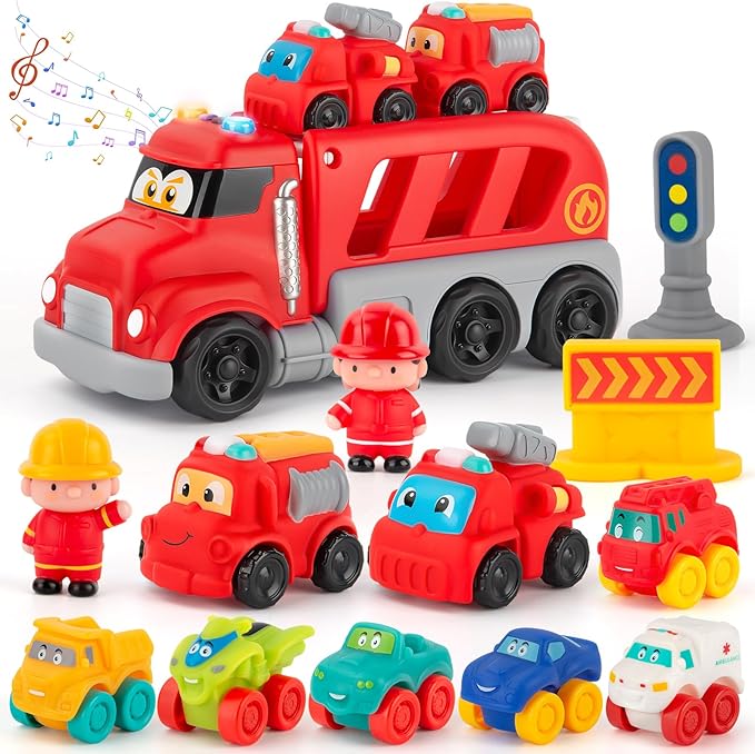 Soft Rubber Toy Figure Car for 1 Year Old Boy 13 PCS Cartoon Cars with Trailor Baby Toys for 12-18 Months & Toddler Age 1-2|First Birthday, for 1 2 3 Year Old Boy