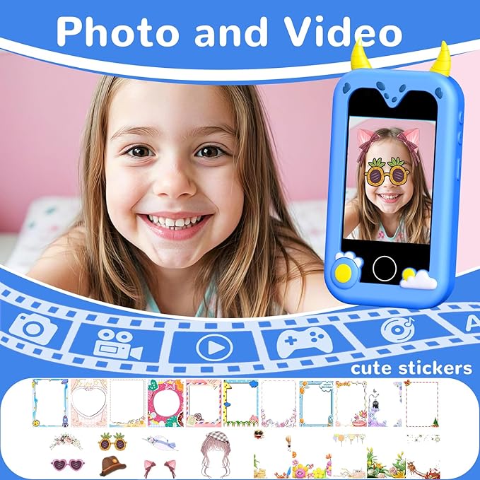 Kids Pretend Phone, Smart Phone Toys with Dual Camera - Christmas Birthday Gift for Boys Aged 3-12, Toddler Toys Play Phone with Music Player, Educational Learning Games with 32GB Memory Card, Blue