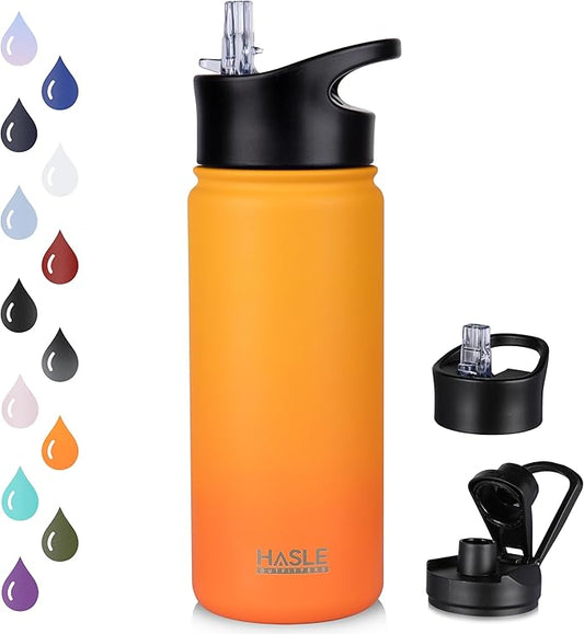 HASLE OUTFITTERS Insulated Water Bottle Kids 16 oz Double Wall Vacuum Stainless Steel Water Bottle Leak Proof for School Wide Mouth with Straw Lid Spout Lid Keeps Cold and Hot(Yellow and Orange,1pack)