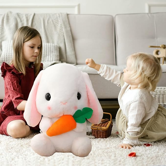 HOUPU Soft Toy - Sitting Lop Eared Rabbit, Easter White Rabbit Stuffed Bunny Animal with Carrot Soft Lovely Realistic Long-Eared Standing Pink Plush Toys (White-Carrot,25.5in/65cm)