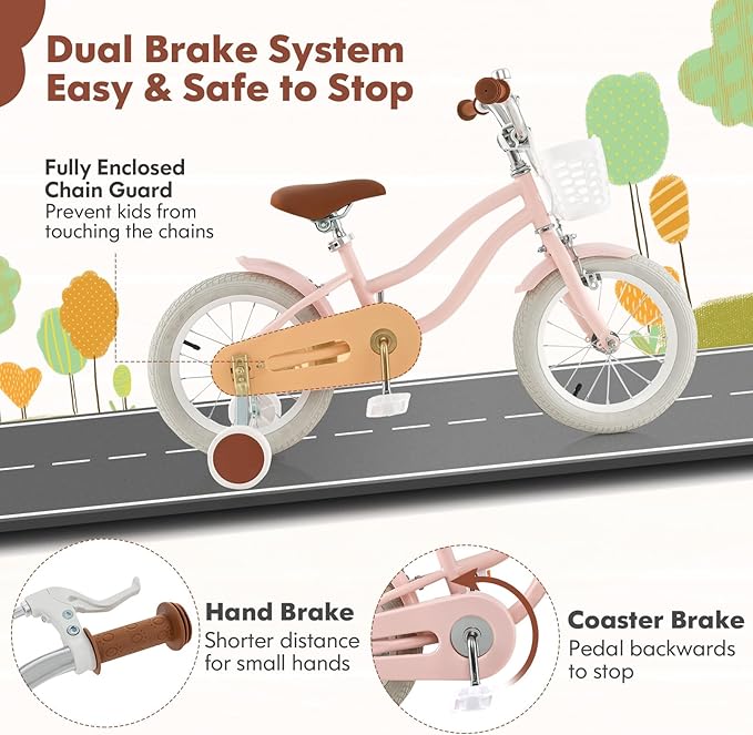 COSTWAY Kids Bike, 12 14 16 18 Inch Toddler Bike Children Bicycle w/Training Wheels, Hand & Coaster Brakes, Adjustable Saddle & Handlebar, Basket, Bell, Kids Bicycle for Girls Boys Aged 3-8 Years Old