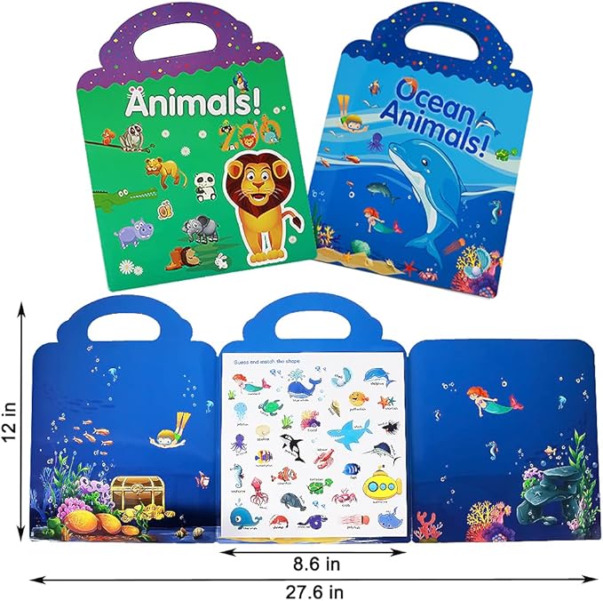 Reusable Sticker Books for Kids, 2 Sets Travel Removable Toddler Sticker Books for 3 4 5 Year Old Girls Boys Birthday Gifts Educational Learning Toys - Ocean & Zoo Animals