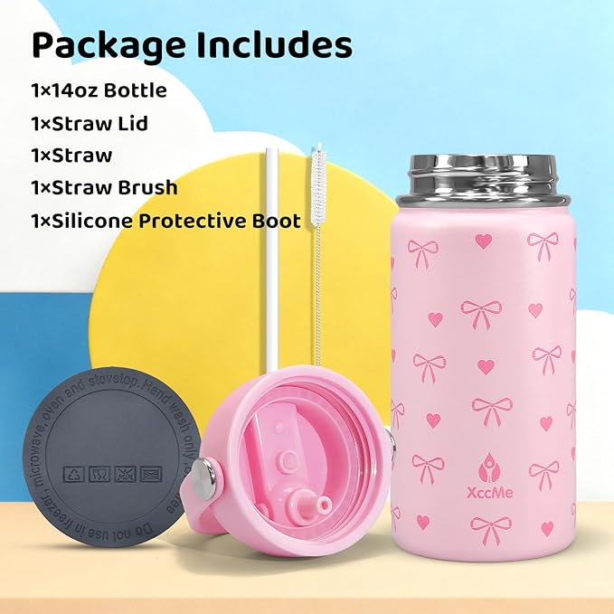 Kids Water Bottle With Straw Lid,Pink Bow 14 oz Stainless Steel Travel Bottle,Double Wall Leak Proof Kids Cup,Insulated Tumbler for Toddlers,Metal Bottle for School Boys Girls