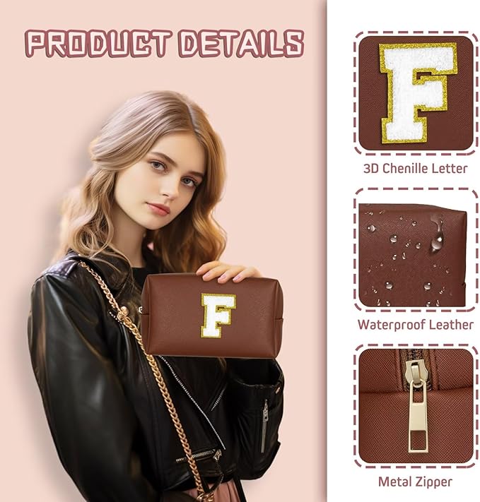 TOPEAST Preppy Makeup Bag, Personalized Initial Bags with Zipper, Cute Makeup Pouch, PU Leather Waterproof Cosmetic Bag, Birthday Gift for Daughter, Preppy Things for Girls (Brown A)