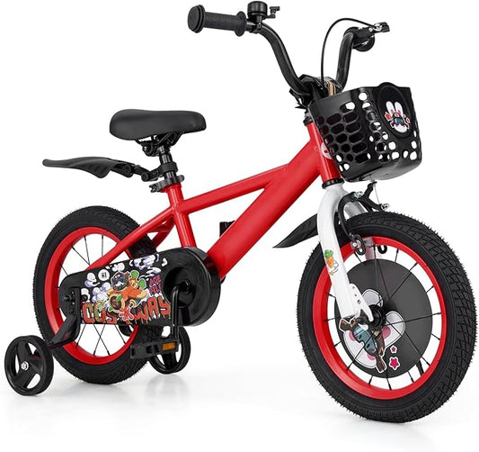 BABY JOY Rabbit Pilot Sporty Kids Bike, 12 14 16 18 Inch Child Bike for 3-8 Years Old with Adjustable Height, Training Wheels, Storage Basket, Handbrake & Coaster Brake, Kids Bicycle for Girls Boys