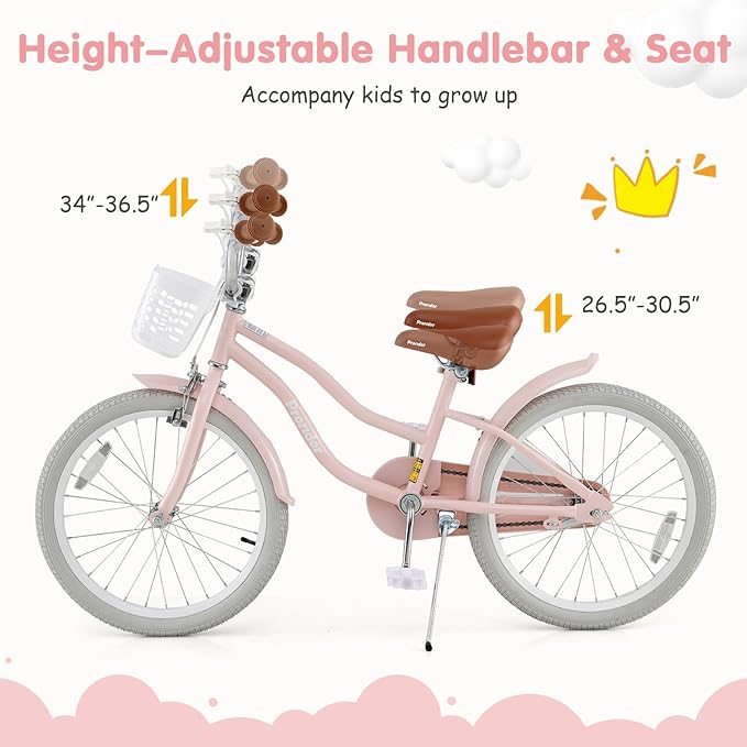 BABY JOY Kids Bike, 12 14 16 18 20 Inch Boys Girls Bike w/Adjustable Seat, Removable Basket, Handbrake & Coaster Brake, Training Wheels or Kickstand, Kids Bicycle with Multi-Color