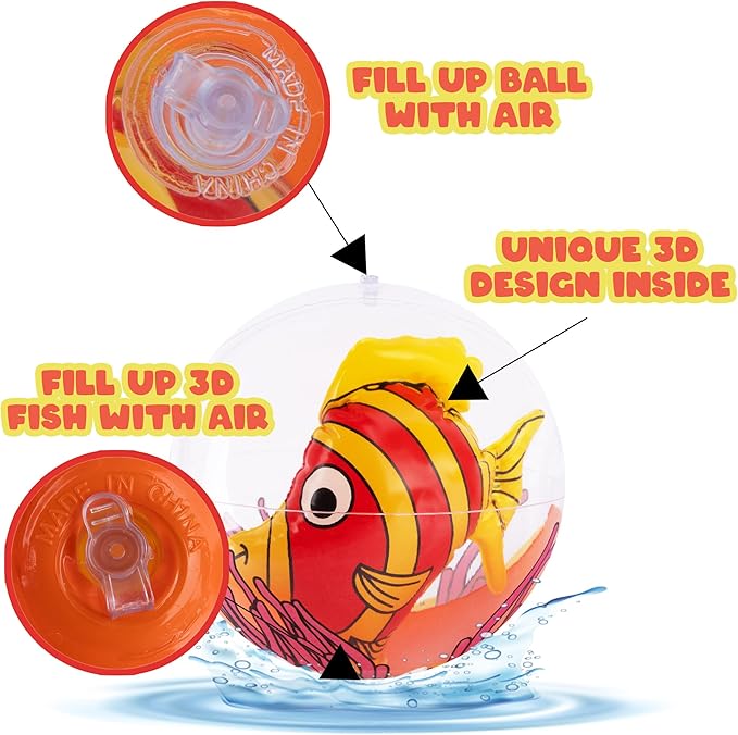 ArtCreativity 3D Fish Beach Balls for Kids, Set of 3, Clear Balls with Colorful Fish Inside, Inflatable Swimming Pool Toys and Aquatic Party Decorations, Underwater Party Supplies and Favors