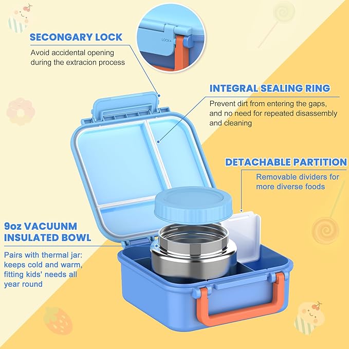Bento Lunch Box for Kids with 9oz Thermo, Leak-proof Lunch Containers with 3 Compartments,Kids-friendly Size,Durable/Dishwasher Safe Lunch Box for School Outdoors-Blue