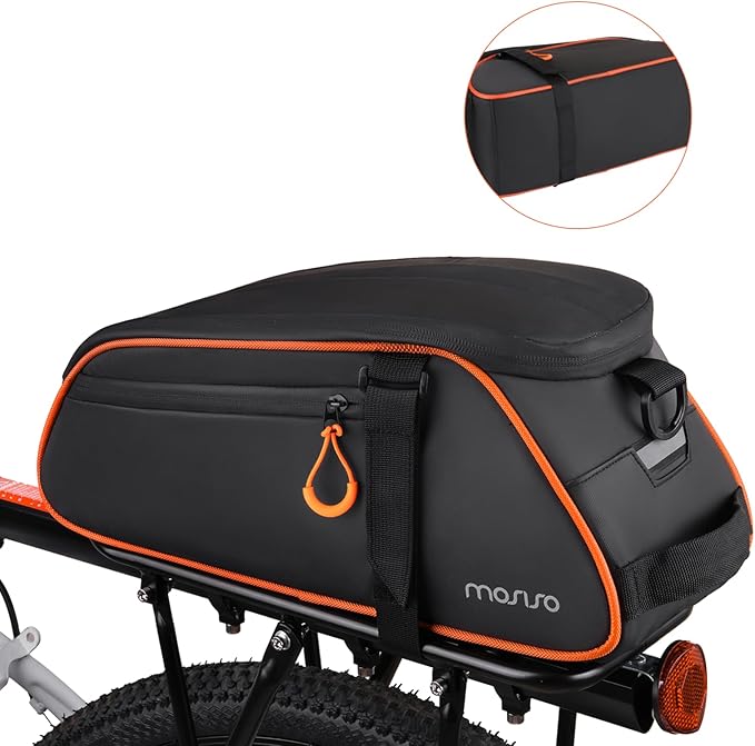 MOSISO Bike Rack Bag, 8L Waterproof Bicycle Rear Rack Trunk Bags with Orange Pull Tabs, Bike Rear Seat Bag Bicycle Storage Saddle Luggage Bags with Shoulder Strap for Road Mountain Cycling, Black