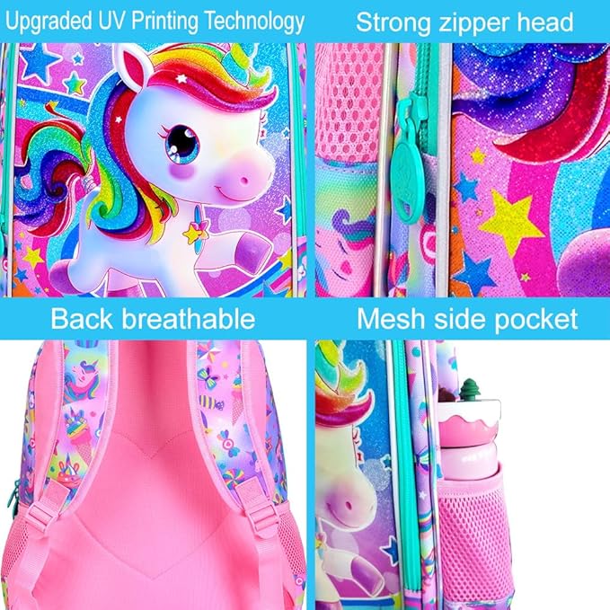 CCJPX 3PCS Kids Backpack for Girls, 16”Unicorn Preschool Bookbag Set, Cute Water Resistant School Bag for Elementary Kindergarten Toddler