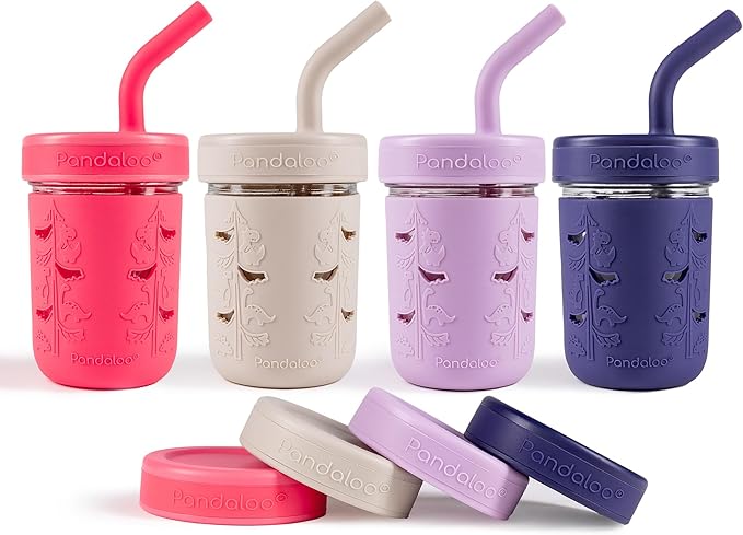 Pandaloo® Mason Jar Toddler Cup - 8 oz Spill-Proof Glass Tumbler with Silicone Straw and Lid, Non-Slip Sleeve, BPA-Free Toddler Snack Cups - Perfect Smoothie Cups with Lids and Straws for Kids