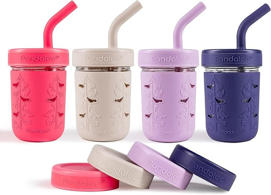 Pandaloo® Mason Jar Toddler Cup - 8 oz Spill-Proof Glass Tumbler with Silicone Straw and Lid, Non-Slip Sleeve, BPA-Free Toddler Snack Cups - Perfect Smoothie Cups with Lids and Straws for Kids