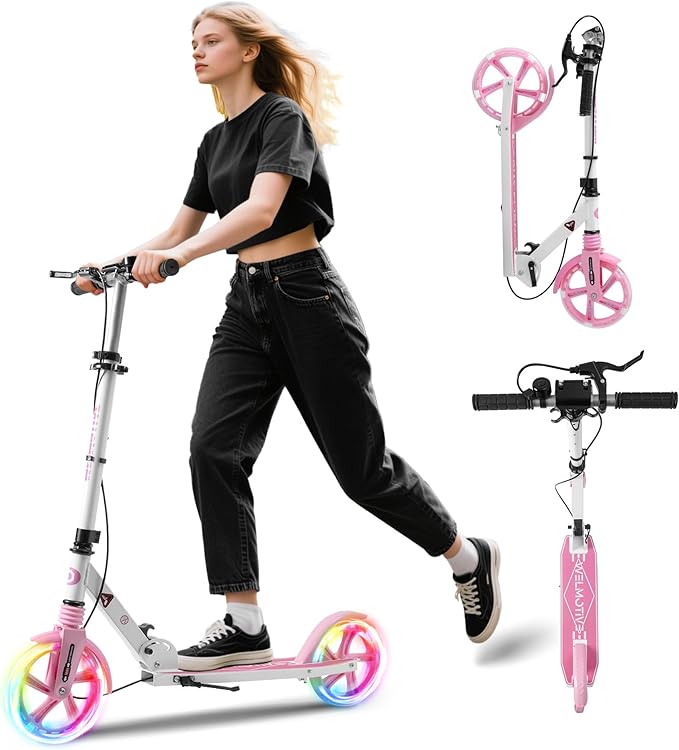 Kick Scooter for Kids Ages 8+ Teens & Adults, with Front handbrake and Rear Brake, and Adjustable Handlebars, Big Sturdy PU Flash Wheels Great Gift & Toy