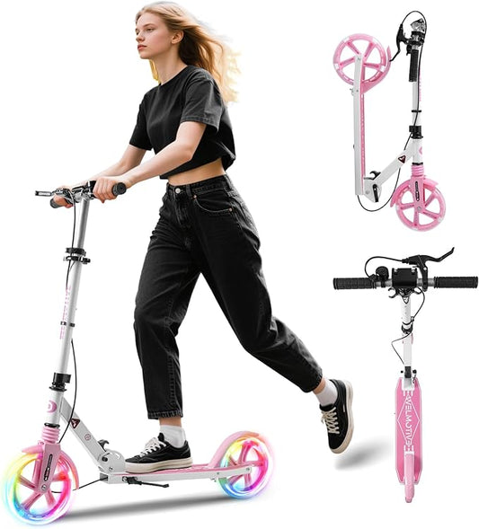 Kick Scooter for Kids Ages 8+ Teens & Adults, with Front handbrake and Rear Brake, and Adjustable Handlebars, Big Sturdy PU Flash Wheels Great Gift & Toy