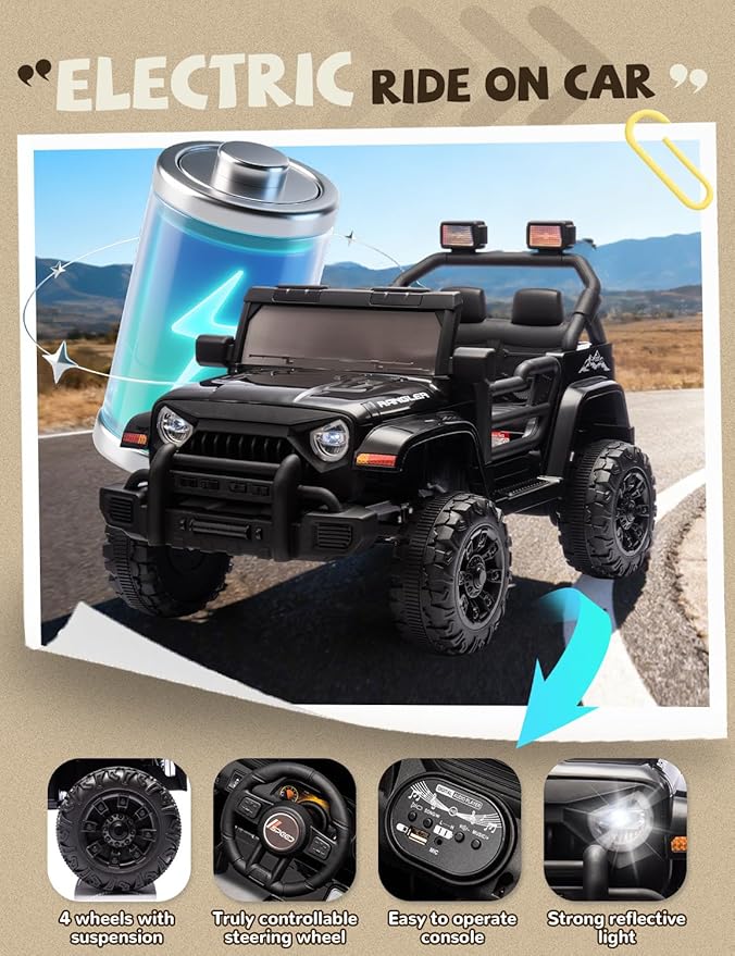Ride on Car, 12V Kids' Electric Vehicles W/Parents Control, Ride on Toys for Toddlers with Music, Bluetooth, Four-Wheels Suspension, USB, Headlights, Black