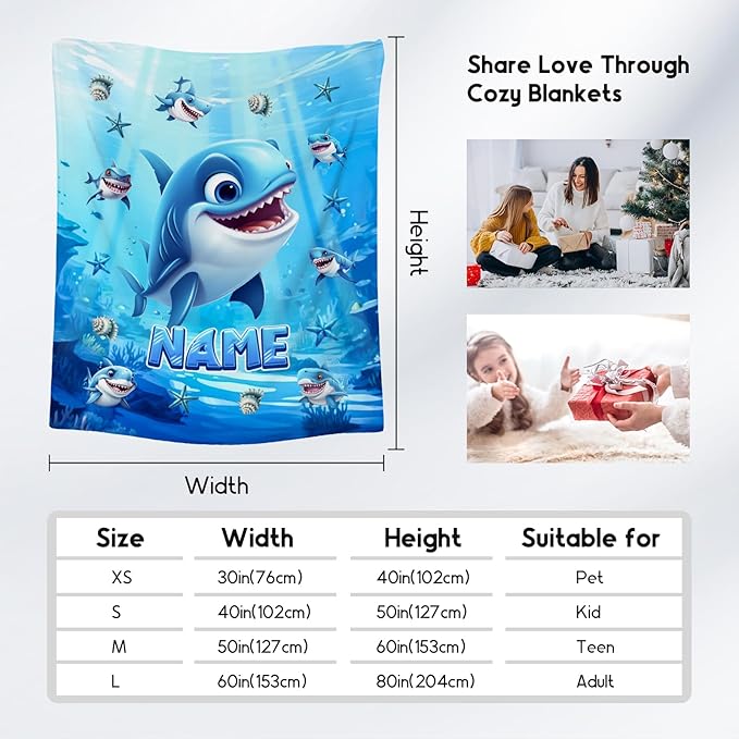 Custom Shark Blanket - Personalized Throw Gifts for Kids Boys - Flannel Cozy Blankets for Living Room, Office, 4 Size