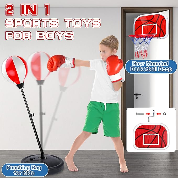 2 in 1 Adjustable Kids Basketball Hoop and Punching Bag with Stand for Kids, Toys Gifts for Boys Age 3 4 5 6 7 8 9 10+, Toddler Basketball Hoop and Boxing Bag Set Toy for Outdoor Indoor Sports Games
