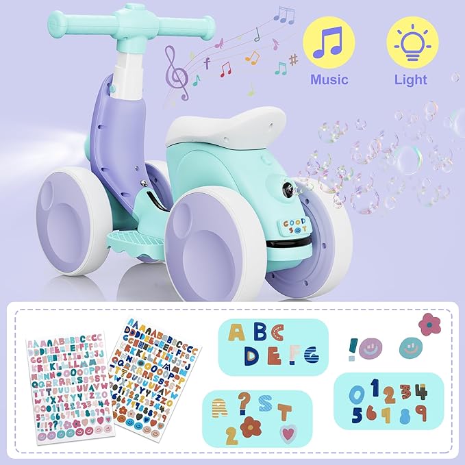 Electric Baby Balance Bike with Bubble Machine for 1 Year Old Boys Girls 4 in 1 Toddler Balance Bike 12-48 Month Kids Bubble Bike Ride Toys First Birthday Gift with Powered Motor,Music,LED Lights