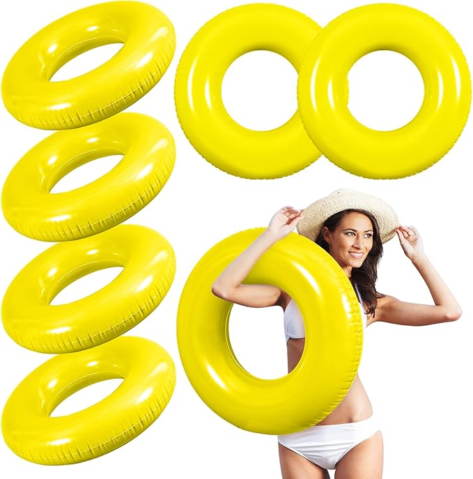 6 Pcs Inflatable Pool Floats 28 Inches Swim Tube Bulk for Adults Swimming Ring Pool Floaties for Beach Party Decorations Women and Men River Lake Summer Vacation Holiday (Yellow)