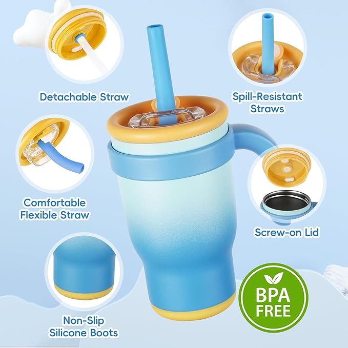 14oz Toddler Sippy Cup Vacuum Insulated Stainless Steel Kids Cup with Handle, Spill-Proof Straw, Leak-Proof Travel Cup for Home or On-the-Go