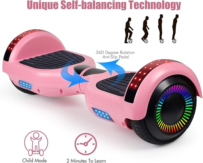 LIEAGLE Hoverboard, 6.5" Self Balancing Scooter Hover Board with Bluetooth Wheels LED Lights for Kids Adults