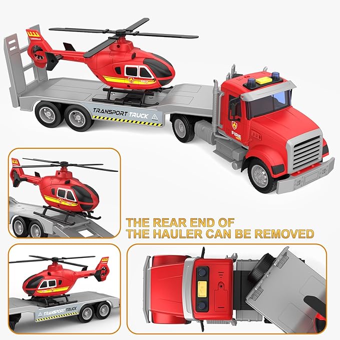 22" Semi Fire Truck Toy with Helicopter for Kids Toddlers - Fire Police Car Toys, Birthday for Boy Girl Child 3 4 5 6 7 Years Old