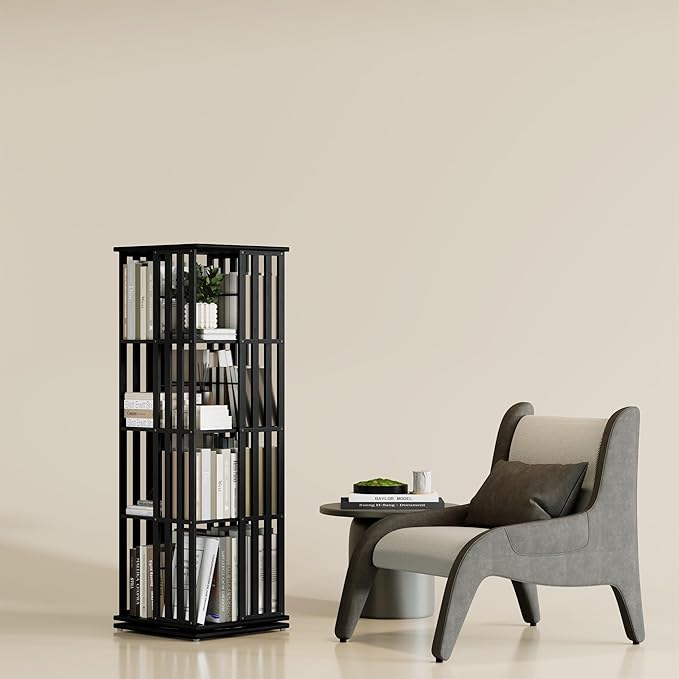 YOWOS Rotating Bookshelf Tower, 360 Display Spinning Bookcase, Bamboo Bookshelf Floor Standing Storage Rack, Wood Narrow Book Shelf Organizer for Kids&Adults (Black, 4 Tier)