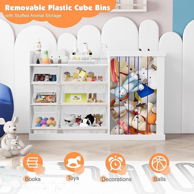 NACHES Kids Toy Organizer and 4-Tier Montessori Bookshelf with 6 Bins, 3-in-1 Toy Shelves and Stuffed Animal Storage for Playroom, Nursery, Baby Room (White)