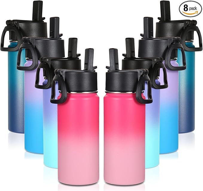 Volhoply 16 OZ Kids Water Bottle Bulk 8 Pack,Insulated Sports Bottles with Straw Lid,Stainless Steel Bottle with Handle Keep Cold & Hot,Double Wall Vacuum Tumbler Cups for School(Assorted, 8)