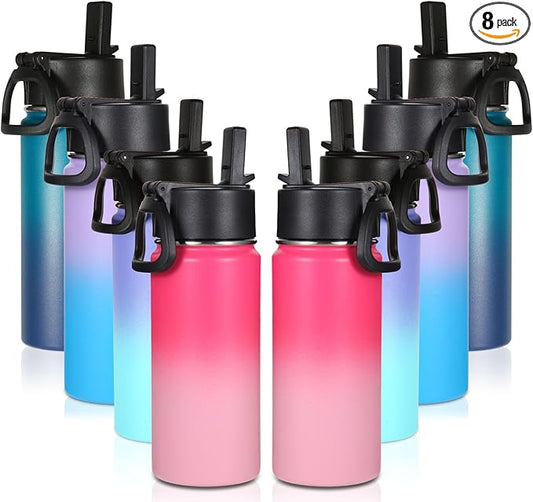 Volhoply 16 OZ Kids Water Bottle Bulk 8 Pack,Insulated Sports Bottles with Straw Lid,Stainless Steel Bottle with Handle Keep Cold & Hot,Double Wall Vacuum Tumbler Cups for School(Assorted, 8)