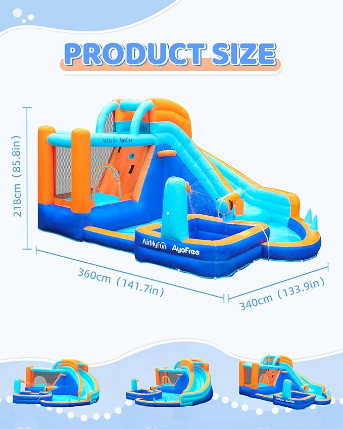 AirMyFun Inflatable Bounce House Water Slide with Curved Slide & Ball Pit Splash Pool - Kids Outdoor/Indoor Water Play Center for Backyard, Birthday Parties - Includes Basketball Hoop & Blower