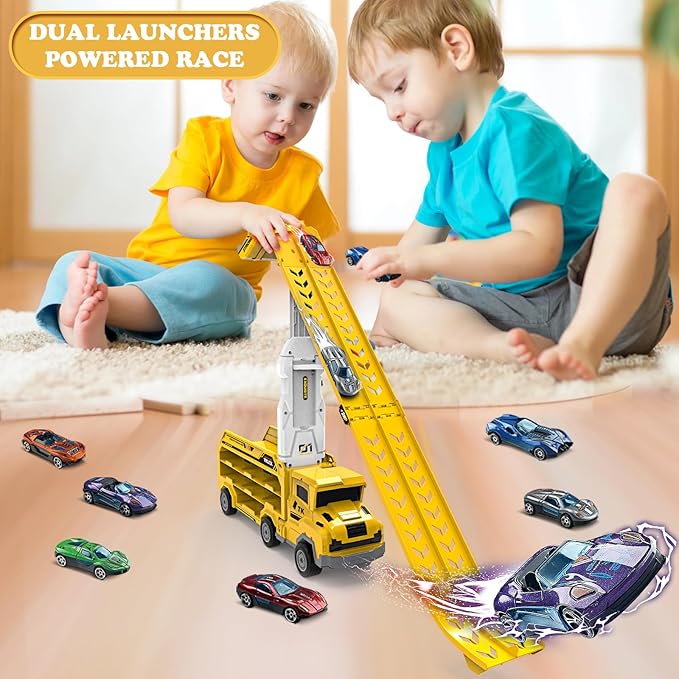 Toddler Car Truck Toys,Car Carrier Trucks for Kids Age 3-5 4-8,Foldable Car Track Sets with 2.8-Ft Race Track and 6 Die-Cast Race Cars, Truck Toys Gifts for 3 4 5 6 7 8+ Year Old Boys Girls(Yellow)