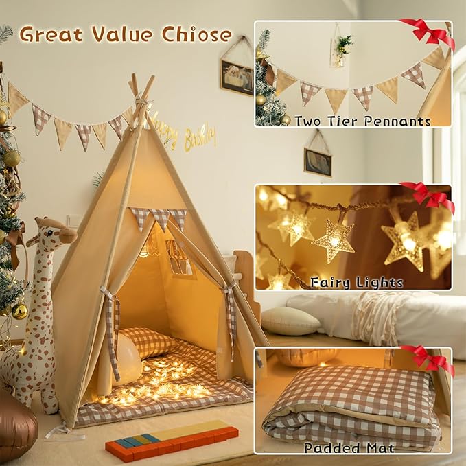 Teepee Tent with Padded Mat Bunting Banner Fairy Lights - Print Gingham Kids Play Tent with Carry Bay for Indoor and Outdoor, Play House Toys for Toddler, Boys and Girls