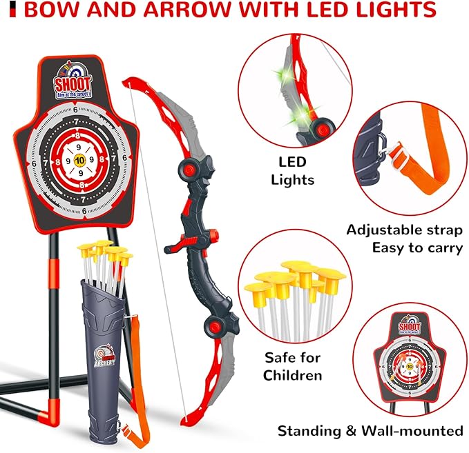 GMAOPHY 2 Pack Bow and Arrow Toy for 5 6 7 8 9 10 11 12 Year Old Boys, Birthday for Kids, Indoor Outdoor Sport Games Toys for Ages 4-8 8-12, LED Light Up Archery Set with 20 Toy Arrows (Red)