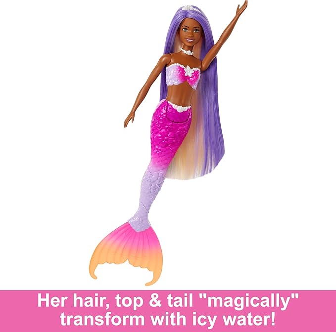 Barbie Mermaid Doll, “Brooklyn” with Pink Hair, Styling Accessories, Pet Dolphin and Water-Activated Color Change Feature, HRP98