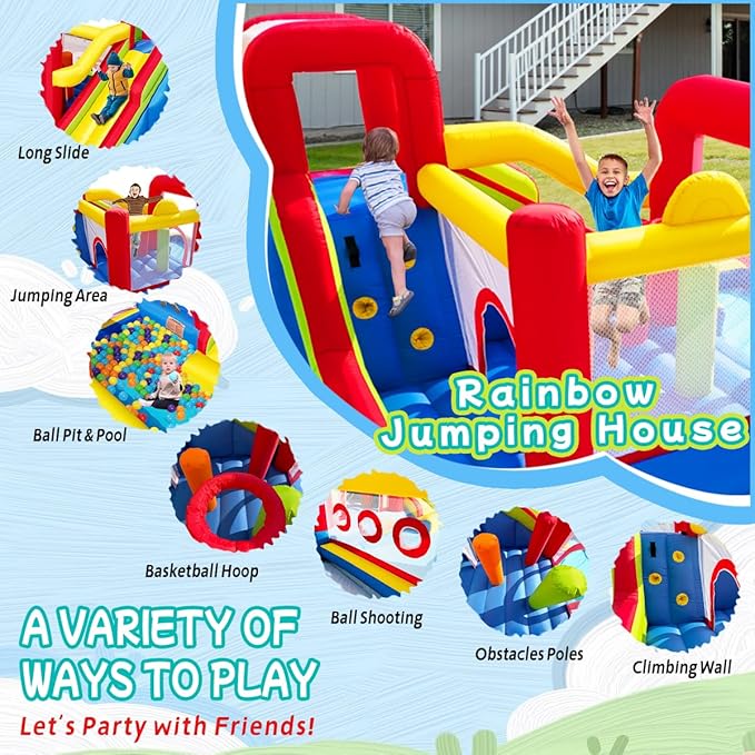 Bounce House, Inflatable Bounce Castle with Blower for Kids, Blow Up Jumping Bouncer with Slide, Climbing Wall, Obstacles, Trampoline, Ball Pit Pool for Indoor Outdoor