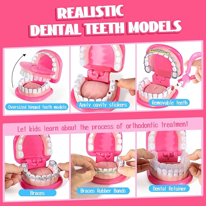 ULOVEME Pink Doctor Kit for Toddlers 3-5 with Costume - Dentist Kit for Kids with Teeth Model /Removable Teeth /Braces /Retainer - Toys for 4 Year Old Girls - Preschool Dramatic Play (Pink)