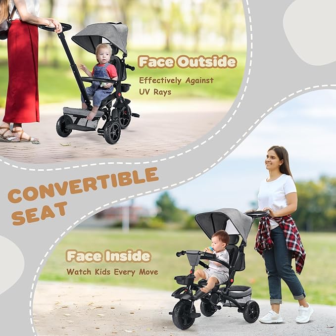 Folding Kids' Tricycle, 8 IN1 Baby Trike W/Removable Canopy &Parental Push Rod, Toddler Bike Stroller for Kids 1-5 Years, 360° Swivel Seat, EVA Wheels，Storage Basket, Grey