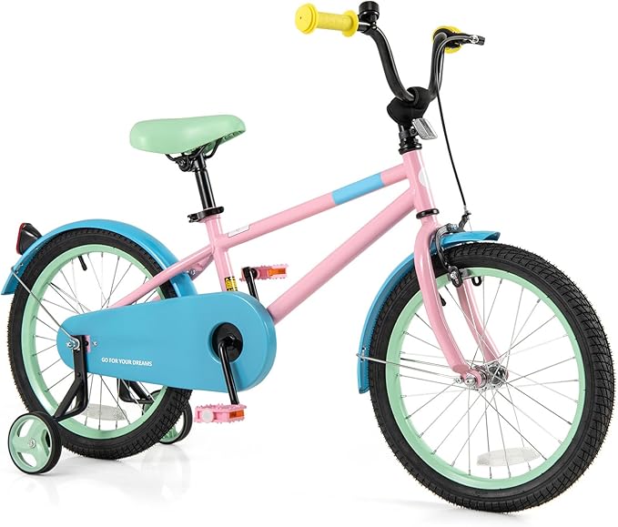 BABY JOY Colorful Macarons Kids Bike, 12 14 16 18 Inch Sporty Children's Bicycle with Training Wheels, Adjustable Handlebar & Saddle, Handbrake & Coaster Brake, Boys Girls Bike for 3-8 Years Old