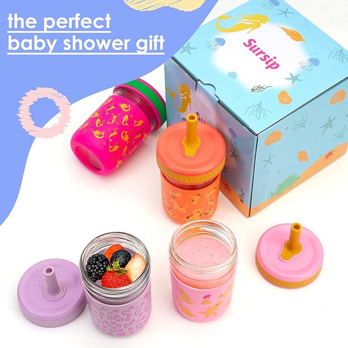 Sursip Toddler Glass Sippy Cups, Kids Baby 12 oz Spill-Proof Water Tumbler with Straw and Lids, Smoothie Snack Mason Jar For Travel School or At Home, 4 Packs