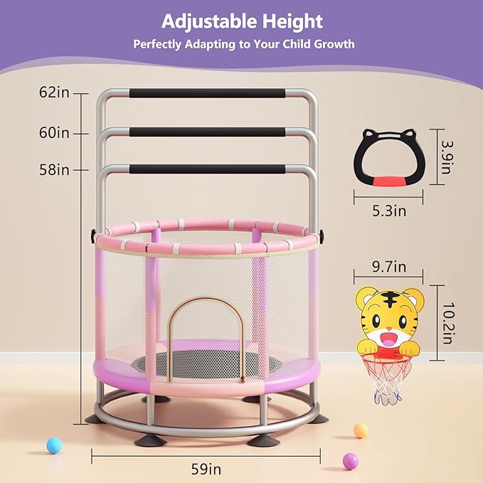 60" Trampoline for Kids, Anti-Rollover Round Bottom Baby Toddler Trampoline with Basketball Hoop, Indoor/Outdoor Kid MiniTrampoline with Enclosure Net, Children's Gift for Halloween, Christmas