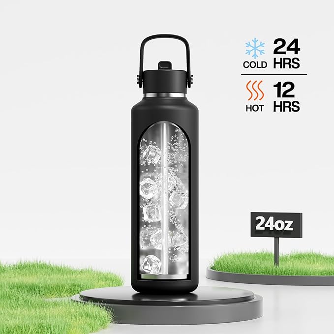POWCAN 24 oz Slim Insulated Water Bottle with Straw: Leakproof, Keep Cold 24H, Cupholder Friendly, Top Handle, BPA-free, Stainless Steel Water Bottle for Sport, Travel, School, Gym (Midnight Black)