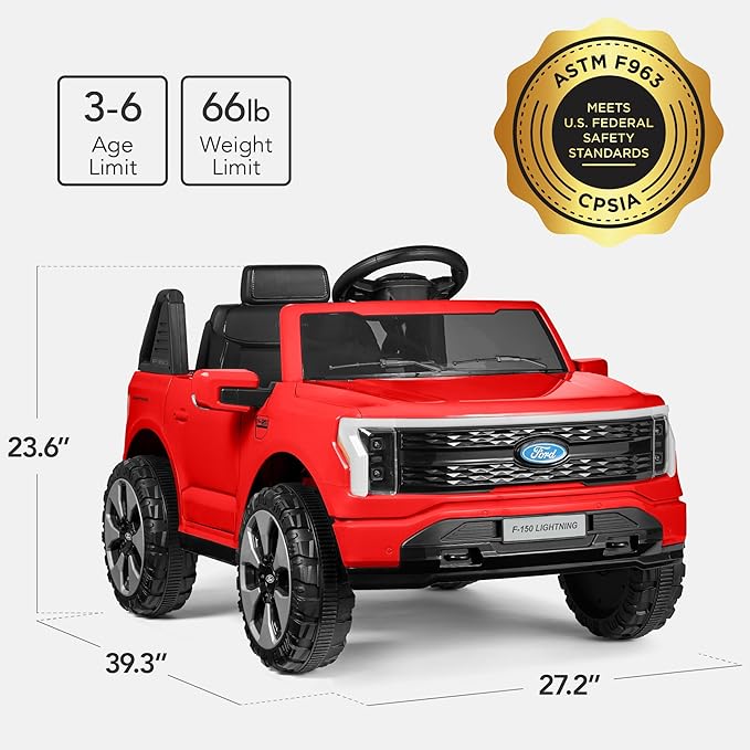 Best Choice Products Licensed Ford F-150 Lightning Truck Kids 12V Electric Ride On Car Toy w/ 66lb Weight Capacity, Parent Control, Bluetooth - Red