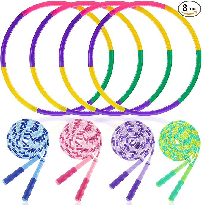 8 Pcs Toy Hoop and Jump Rope Set for Kids Include 4 Skipping Rope and 4 Detachable Weight Size Hoop Gymnastic Fitness Exercise Gift Equipment