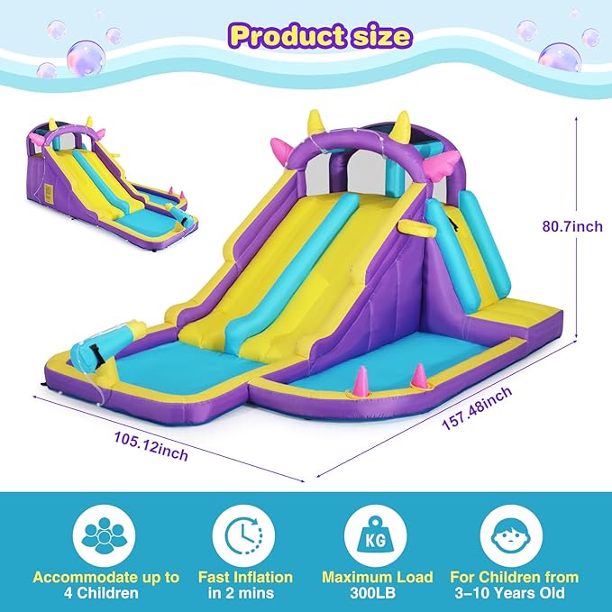JOYLDIAS Inflatable Water Slide,Water Park Bounce House,Slide Bouncer Castle Playhouse w/Splash Pool, Climbing Wall, Ring Toss Game for Kids Outdoor Fun, 480W Air Blower