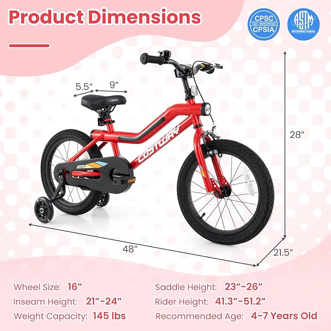 COSTWAY 16”/18” Lighted Kids Bike, Children Sport Bicycle with LED Light-up Frame, Adjustable Saddle, Training Wheels, Handbrake & Coaster Brake, Kids Riding Bike for 4-7/4-8 Years Old Boys & Girls
